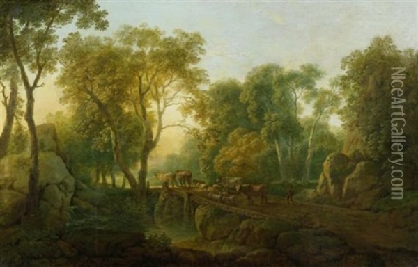 Herdenzug In Einer Bewaldeten Flusslandschaft Auf Einer Brucke Oil Painting - Carl Philipp Schallhas