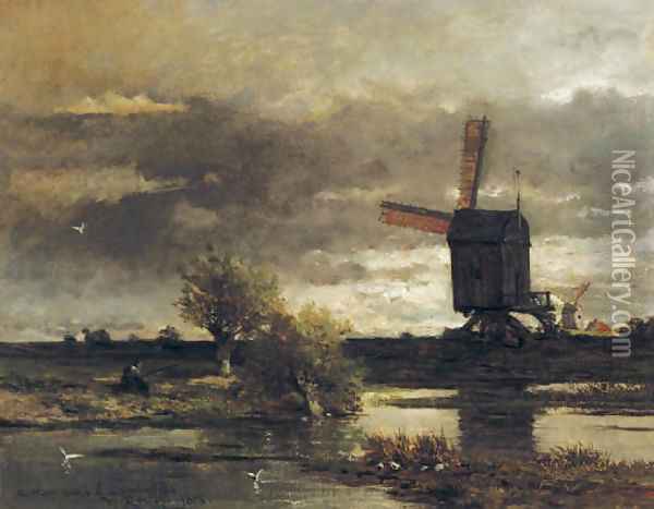 Afternoon fishing near a windmill Oil Painting - Willem Roelofs