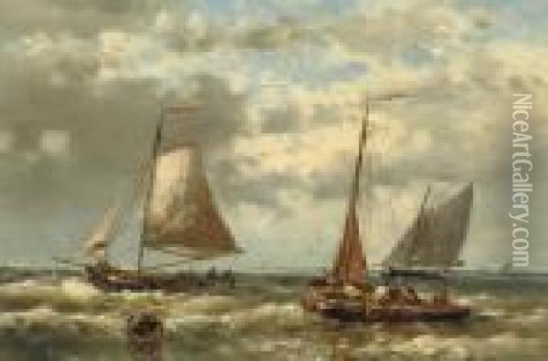 Fishing Vessels In Stormy Waters Oil Painting - Abraham Hulk Jun.