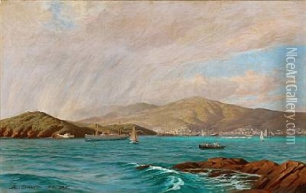 View Towards Sct. Thomas Harbour Oil Painting - Andreas Christian Riis Carstensen