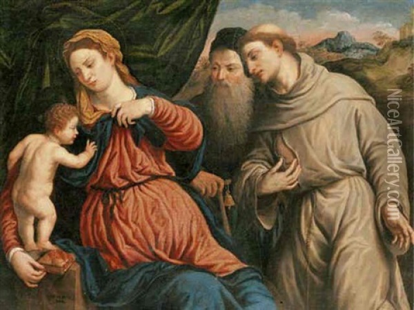 The Madonna And Child With Saints Anthony Abbot And Francis Oil Painting - Paris Bordone