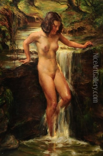 A Wood Nymph Nude By Waterfall Oil Painting - Wilhelm Hempfing