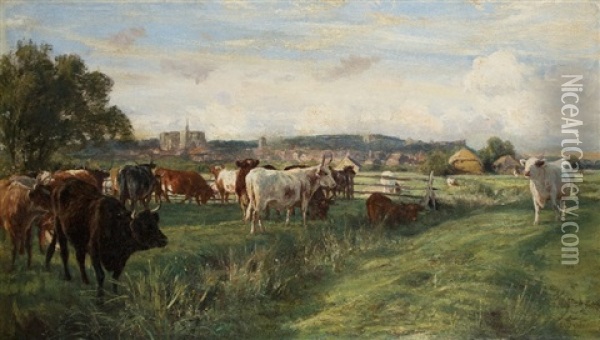 Herd Of Cattle Before The City Oil Painting - Otto Weber
