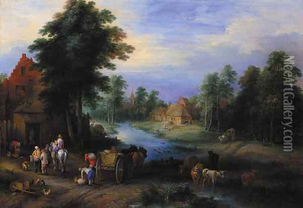 A village by a river with peasants unloading a cart Oil Painting - Theobald Michau