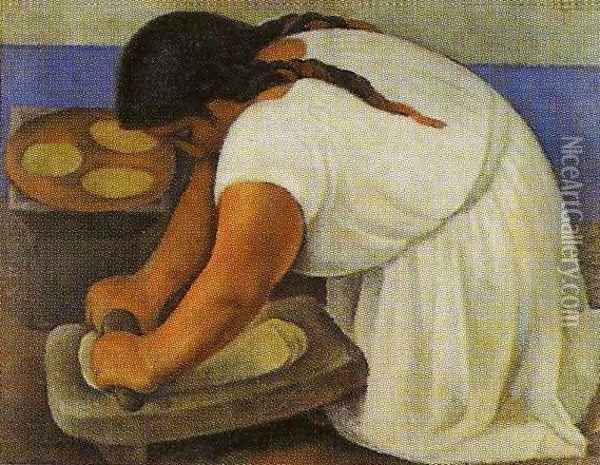 Woman Grinding Maize 1924 (La molendera) Oil Painting - Diego Rivera