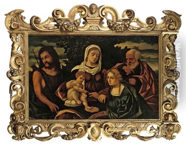 The Holy Family With Saint John The Baptist And Saint Catherine Of Alexandria Oil Painting - Giovanni Battista Cima da Conegliano