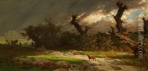 Cows On A Gravel Road In The Dusk Oil Painting - Jean Edouard Yan Dargent