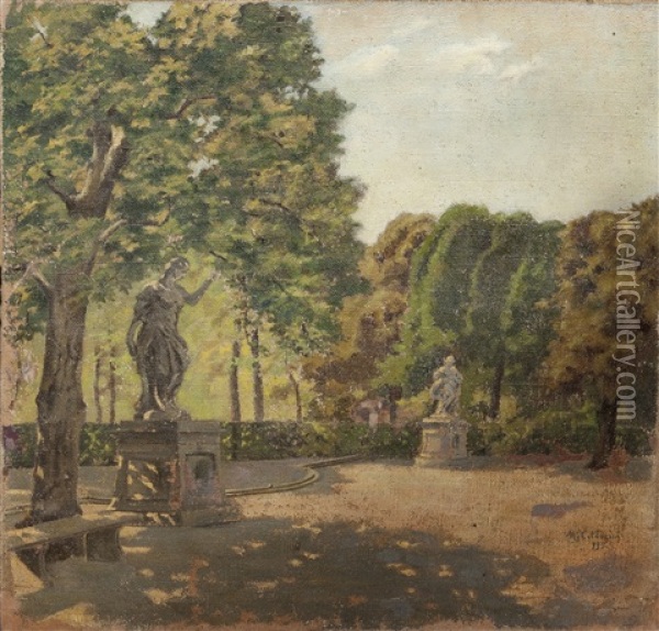 Veduta Dei Giardini Reali Con Statue Oil Painting - Marco Calderini