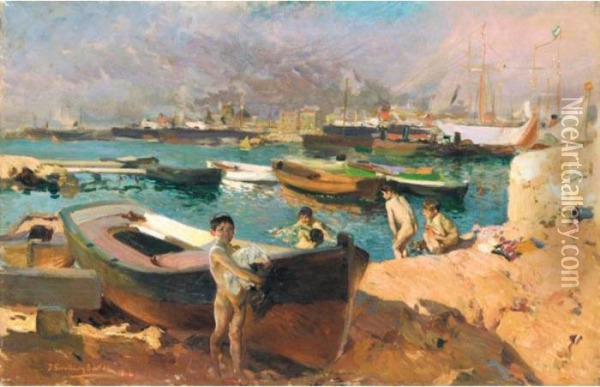Puerto De Valencia (valencia Port) Oil Painting - Joaquin Sorolla Y Bastida