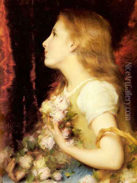 A Young Girl with a Basket of Flowers Oil Painting - Etienne Adolphe Piot