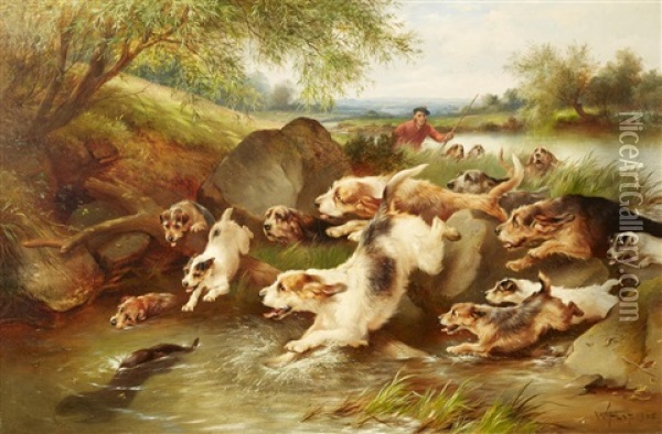 Otter Hunt, Taking Cover Oil Painting - Walter Hunt