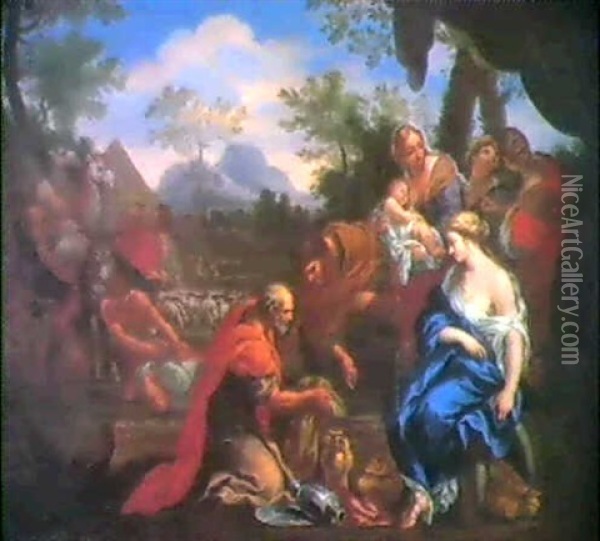 Rahel, Auf Den Verborgenen Gotzenbildern Ihres Vaters       Sitzend Oil Painting - Pietro da Cortona