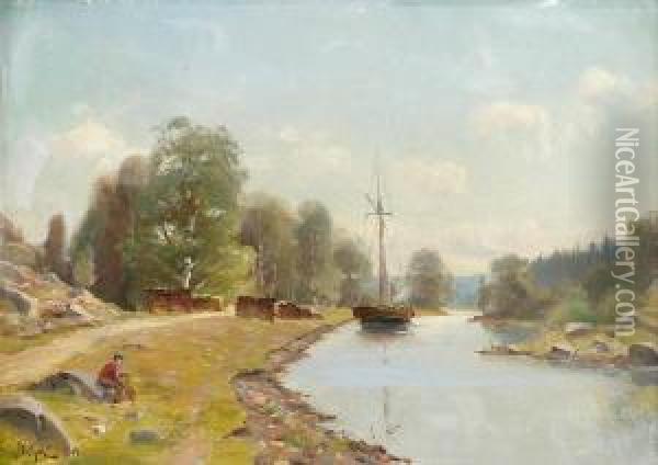 Flodlandskap Med Fiskare Oil Painting - Wilhelm Behm