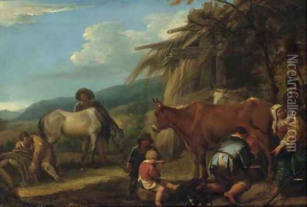 A peasant milking a cow with a groom and horse and other peasants by a hut, a landscape beyond Oil Painting - Pieter van Bloemen