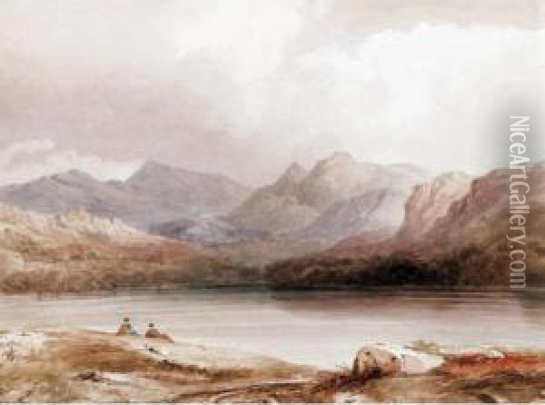 Figures By A Lake; Cattle Watering Oil Painting - John Ruskin