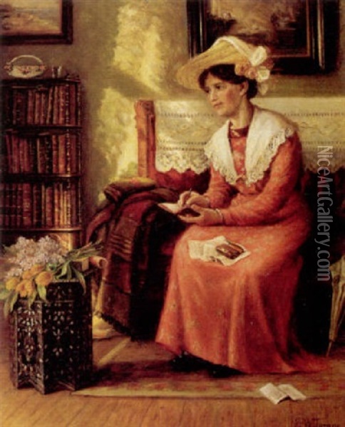 Interior Med Dame, Der Skriver I En Lille Notesbog Oil Painting - Karen Elizabeth Tornoe