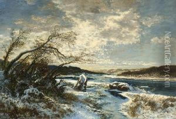 Wintertag An Der Isar Bei
 Tolz. Oil Painting - Joseph Wenglein
