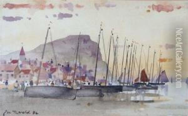 Fishing Boats And Figures On The Beach Before A Small Coastal Village Oil Painting - James Watterston Herald