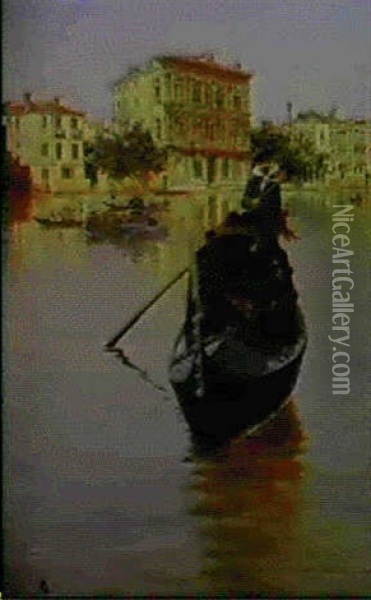 A Gondola On The Grand Canal By The Ca' Vendramin Calergi,  Venice Oil Painting - Antonietta Brandeis