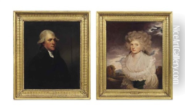 Portrait Of Rev. John Granville, Half-length, In A Black Coat And White Stock; And Portrait Of Mrs Granville, Half-length, In A Landscape Oil Painting - Sir John Hoppner