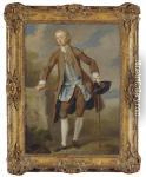Portrait Of Gustavus Hamilton, 
2nd Viscount Boyne (1710-1746), Small Full-length, In A Brown Coat And 
Breeches With A Blue Silk Waistcoat, A Tricorn Hat And A Walking Stick 
In His Left Hand, In A Landscape Oil Painting - William Hogarth