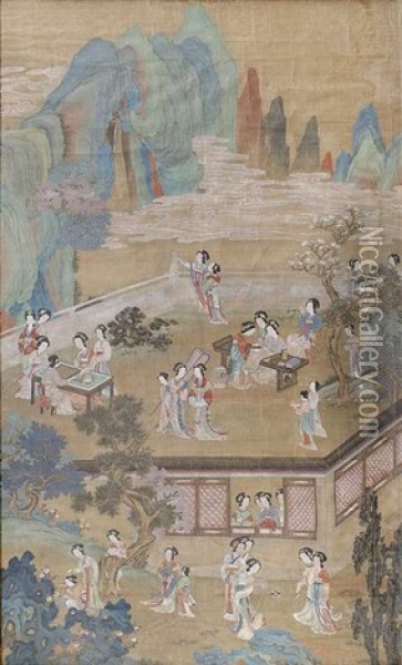 Palastdamen In Fruhlingshaftem Gartenpalast Oil Painting -  Qiu Ying