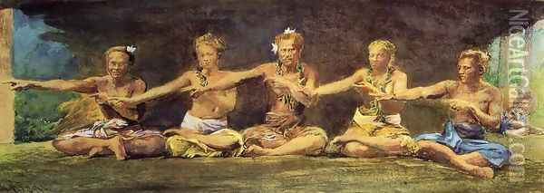 Siva Dance Five Figures Vaiala Samoa Taele Weeping In The Corner Oil Painting - John La Farge