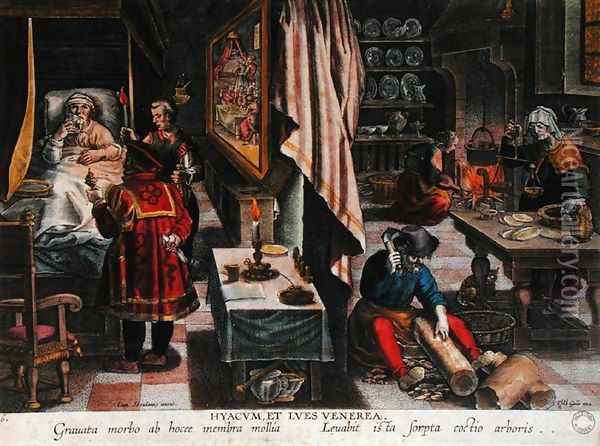 Preparation and Use of Guayaco for Treating Syphilis, engraved by Philip Galle 1537-1612 c.1570 Oil Painting - Giovanni Stradano