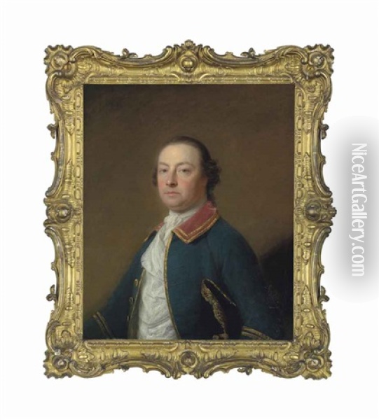 Portrait Of A Gentleman, Half-length, In A Blue Cloak And Cravat, Holding A Tricorn Oil Painting - Allan Ramsay