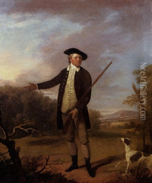 Portrait Of A Gentleman Standing With His Gun And Dog In A Landscape Oil Painting - Edward Penny