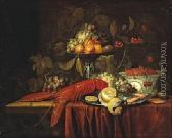 A Still Life With Fruit, 
Strawberries In Aoriental Bowl And A Lobster Together On A 
Partially-drapedtable Oil Painting - Jan Pauwel Gillemans The Elder
