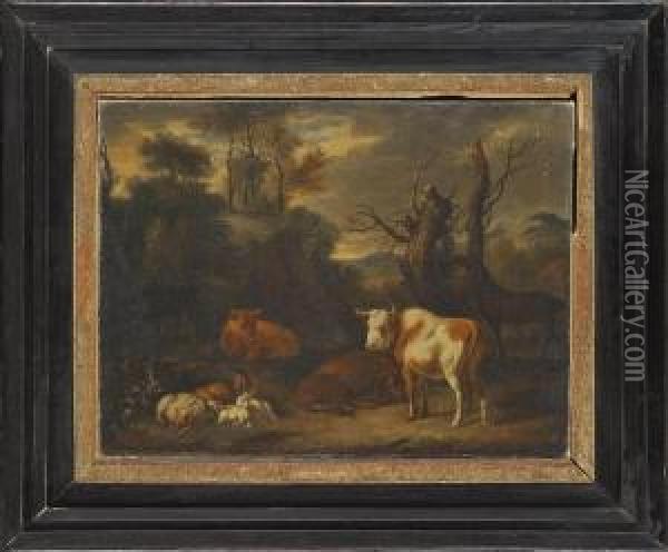 A Wooded Landscape With Grazing Cattle, Sheep And A Horse Oil Painting - Adrian Van De Velde