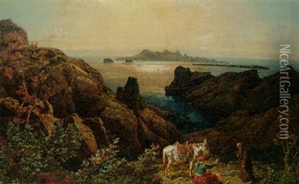 A Monk And A Traveller Meeting In A Rocky Coastal Landscape Oil Painting - Johann Baptiste Heinefetter