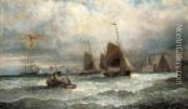 Fishing Smacks At The Entrance To The Harbour Oil Painting - William A. Thornley Or Thornber