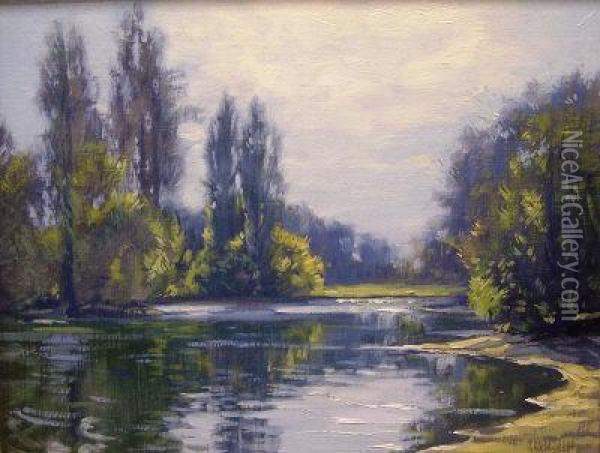 River Landscape Oil Painting - Augustus William Enness
