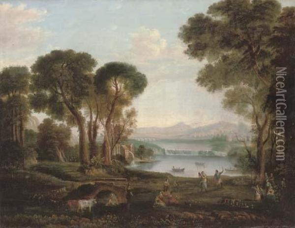 An Italianate River Landscape 
With Figures Dancing And Making Music On A Bank, A Town Beyond Oil Painting - Claude Lorrain (Gellee)