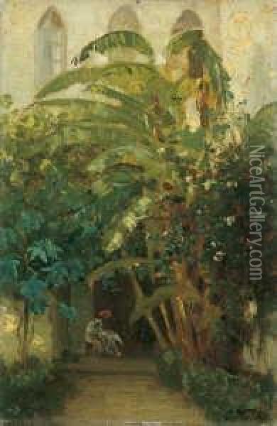 Palmen Vor Einer Moschee In Tunis. Oil Painting - Carl Wuttke