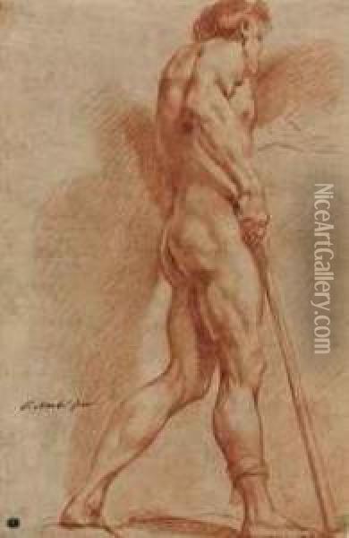 An Academic Male Nude Seen From Behind, Holding A Staff Oil Painting - Francesco Monti