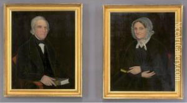 A Grey-haired Gentleman And A Lady, Each Holding A Bible: A Pair Of Portraits Oil Painting - Ammi Phillips