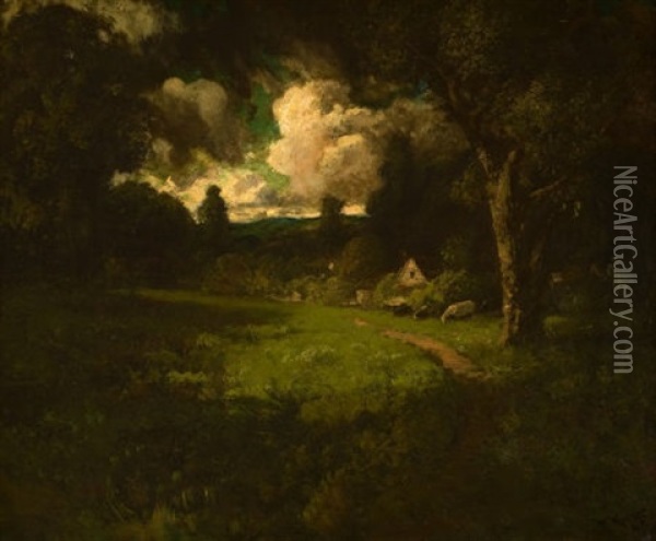 Cottage In A Sunlit Clearing Oil Painting - William Keith