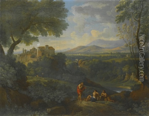 Classical Landscape With A Distant View Of A Town And A Waterfall With Three Figures Conversing On A Path Oil Painting - Jan Frans van Bloemen