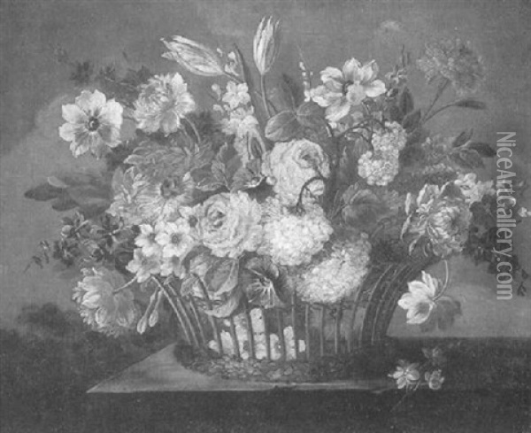 Still Life Of Flowers In A Basket On A Table Oil Painting - Jan Van Huysum