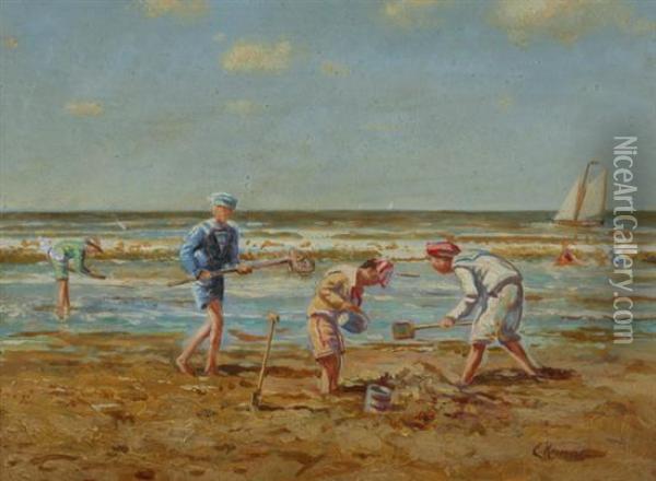 Building Sand Castles At The Beach Oil Painting - Cornelis Koppenol