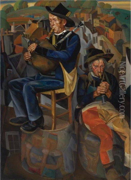 Binious (pipe Players) Oil Painting - Boris Dimitrevich Grigoriev