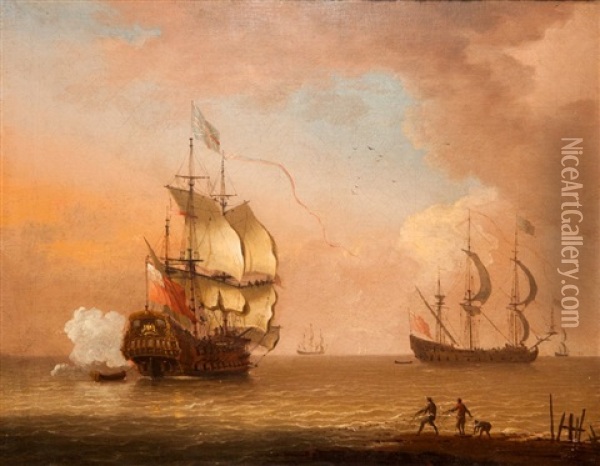 A Man-o-war Firing A Salute With Figures On The Shore Line Oil Painting - Adriaen Vandiest