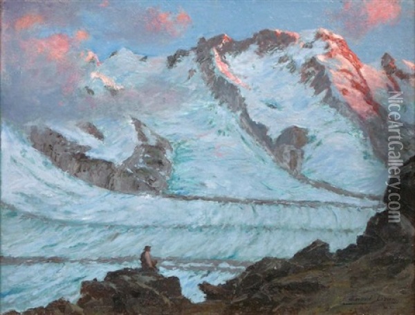 Environs De Zermatt, Glacier De Gorner, Le Breithorn Au Soleil Couchant Oil Painting - Edouard Brun