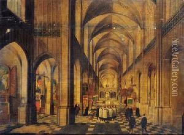 A View In A Gothic Church 
Looking East With A Service Taking Place At An Altar On The Left And A 
Choir Singing In The Nave Oil Painting - Pieter Ii Neefs
