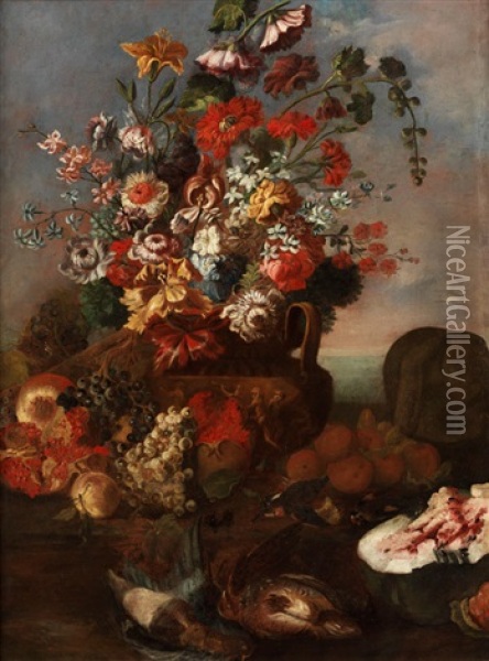Grosses Blumenstilleben Mit Obst Und Erlegten Wildvogeln Oil Painting - Karel van Vogelaer