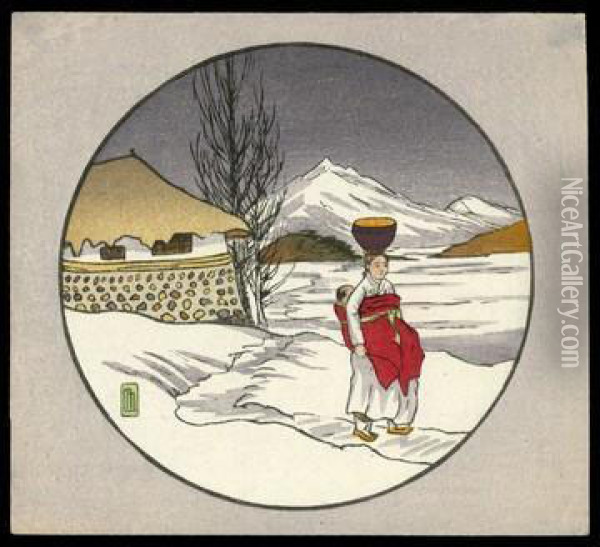 Korean Woman Walking In Snow Oil Painting - Lilian May Miller