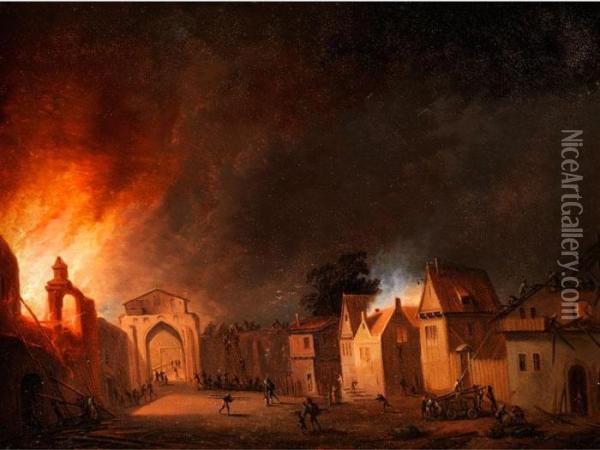 Ansicht Einer Brennenden Stadt Oil Painting - Johann Georg Trautmann